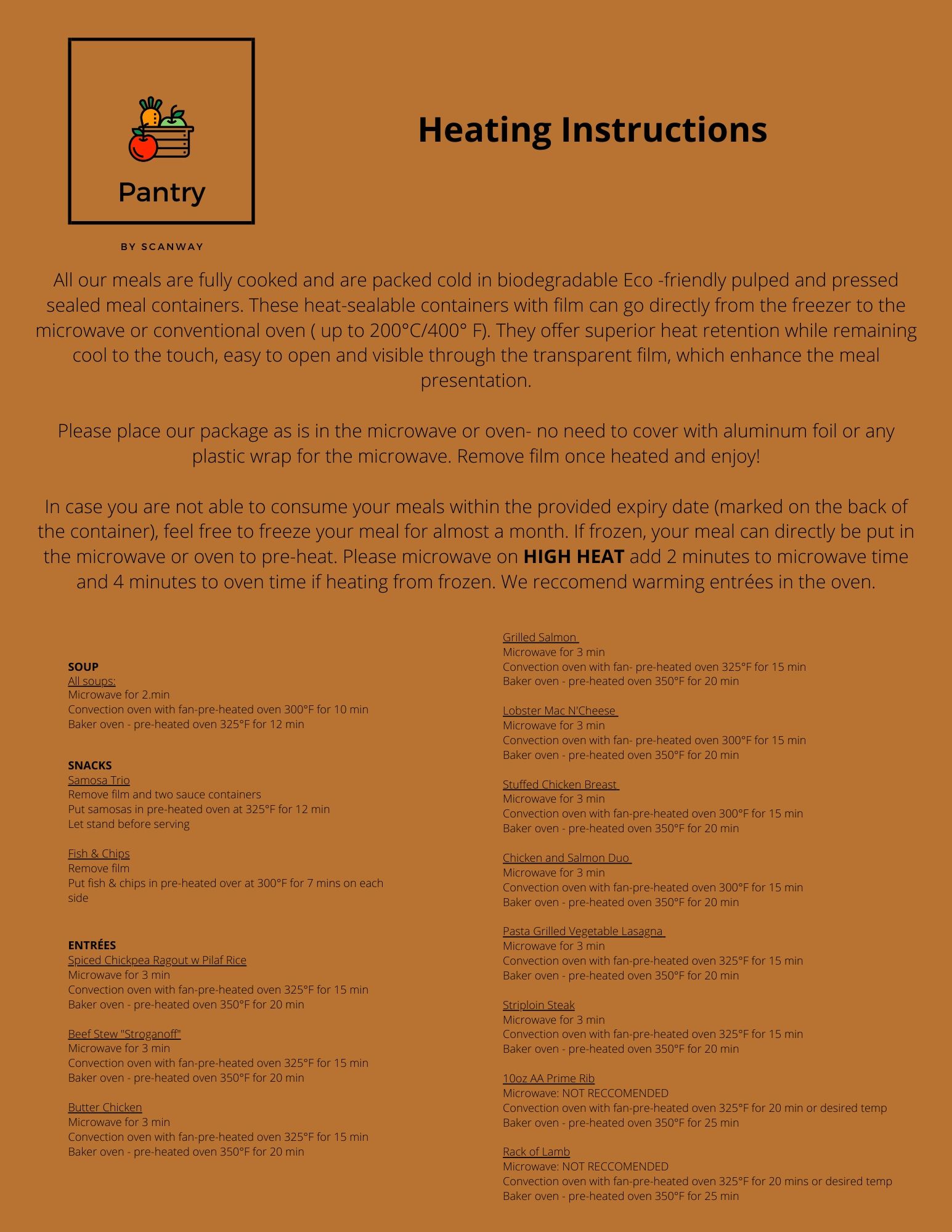 Pantry by Scanway Menu & Heating Instructions